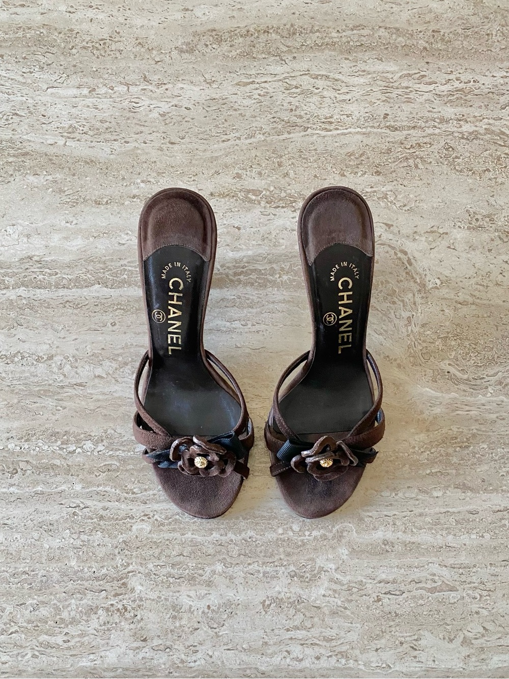 Vintage Chanel Camellia Gold CC Ribbon Sandal Heels